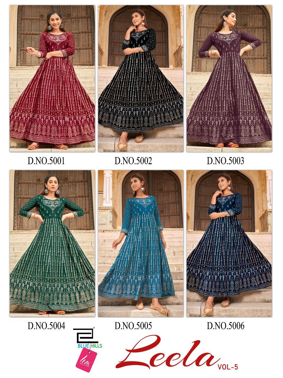 Blue Hills Leela 5 Fancy Festive Wear Rayon Printed Long Anarkali Kurti Collection
